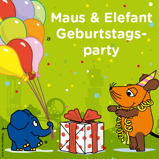 Ravensburger Spieleland_Besuch planen_Geburtstagsparty_Illu_Die Maus hat Geburtstag und bekommt vom Elefant Luftballone